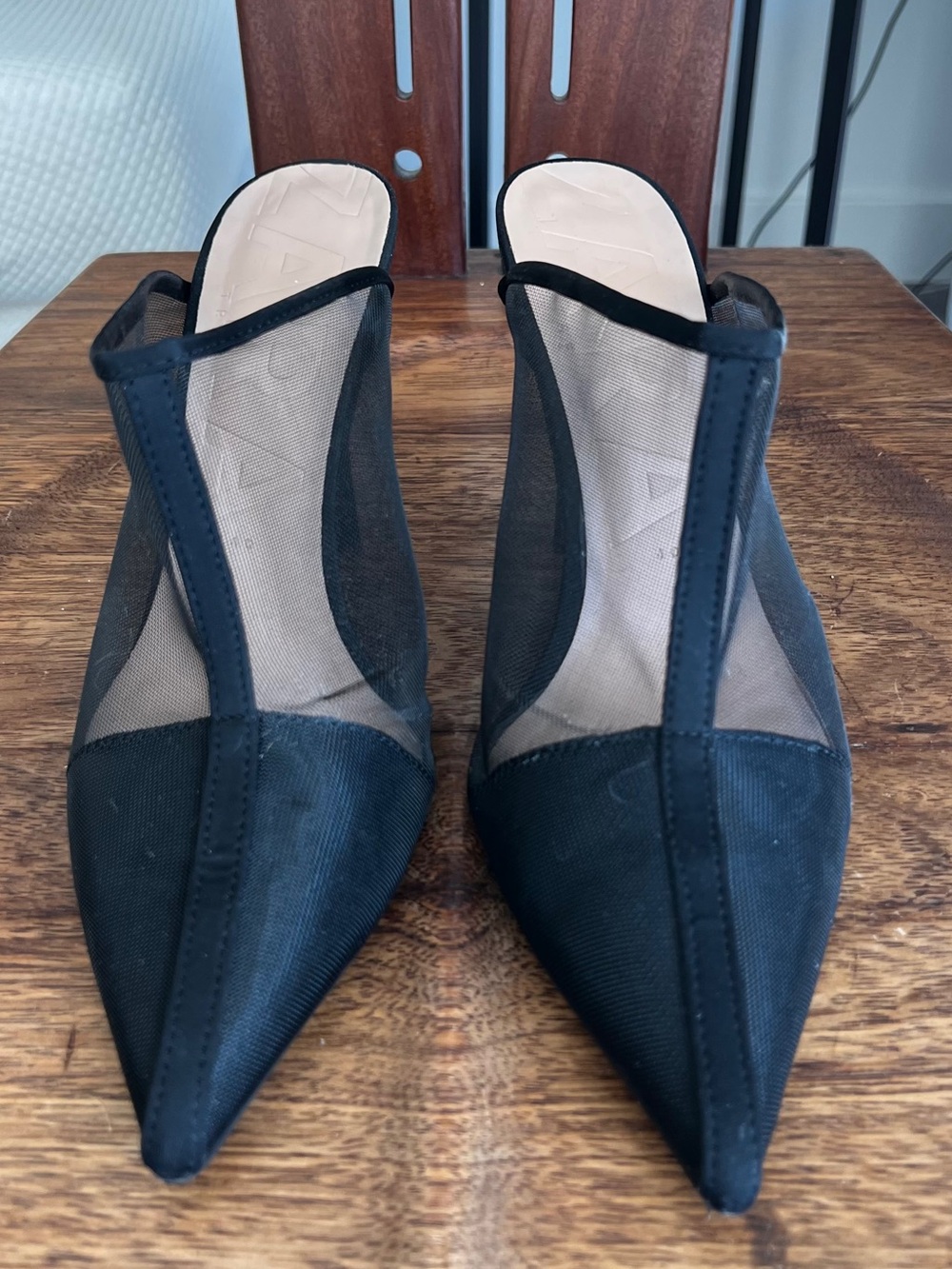 Zara Black Pointed Mesh Mule Heels Sz 9.5
